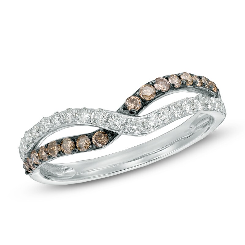 Main Image 1 of 1/2 CT. T.W. Champagne and White Diamond Overlay Contour Band in 14K White Gold