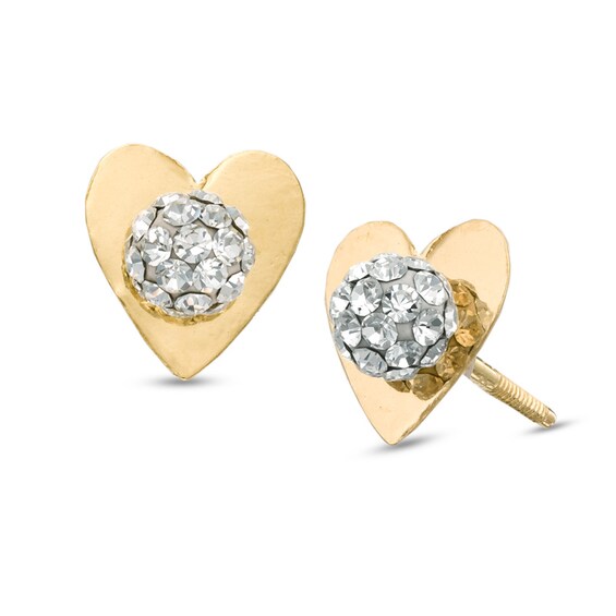 Crystal Ball Heart Stud Earrings in 14K Gold