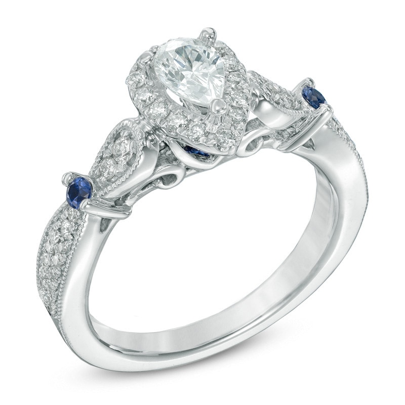 Main Image 2 of Vera Wang Love Collection 5/8 CT. T.W. Pear-Shaped Diamond and Blue Sapphire Vintage-Style Ring in 14K White Gold