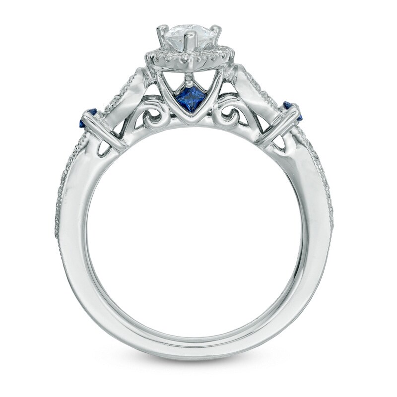 Main Image 3 of Vera Wang Love Collection 5/8 CT. T.W. Pear-Shaped Diamond and Blue Sapphire Vintage-Style Ring in 14K White Gold