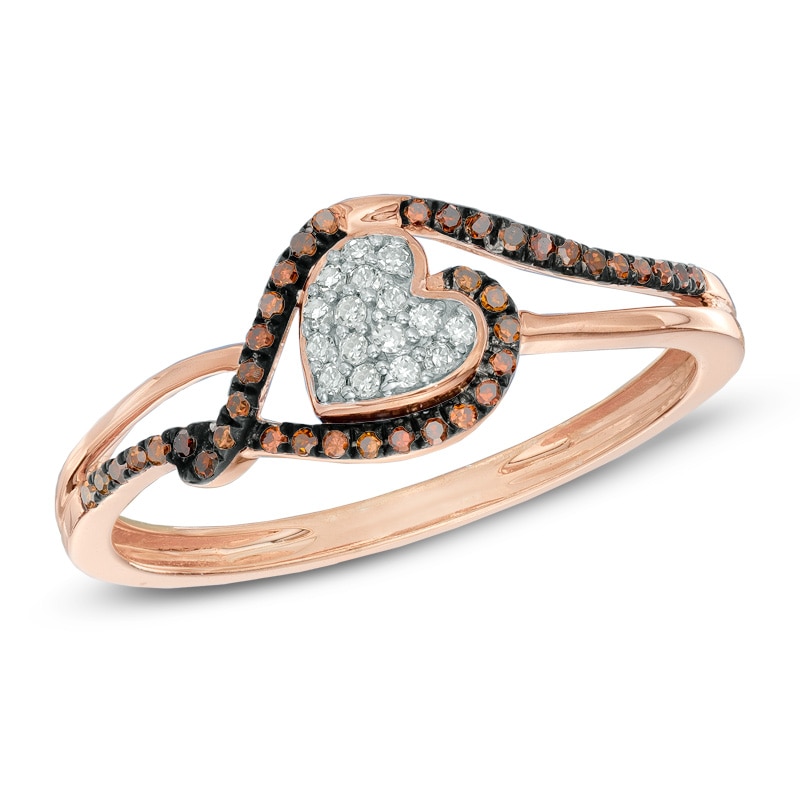 Main Image 1 of 1/6 CT. T.W. Enhanced Cognac and White Diamond Tilted Heart Ring in 10K Rose Gold