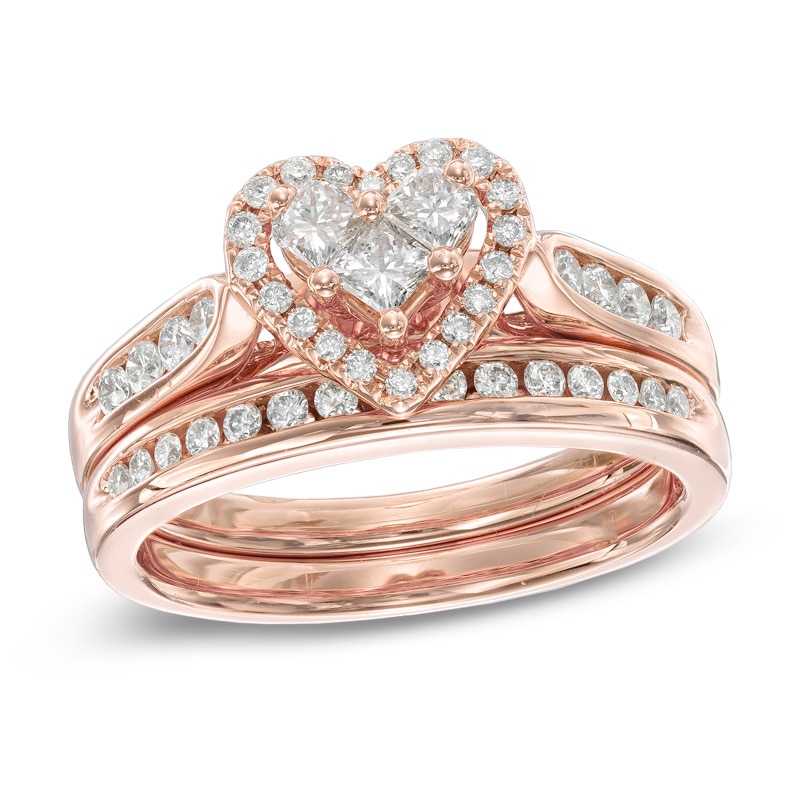 Main Image 1 of 3/4 CT. T.W. Diamond Heart-Shaped Frame Bridal Set in 14K Rose Gold