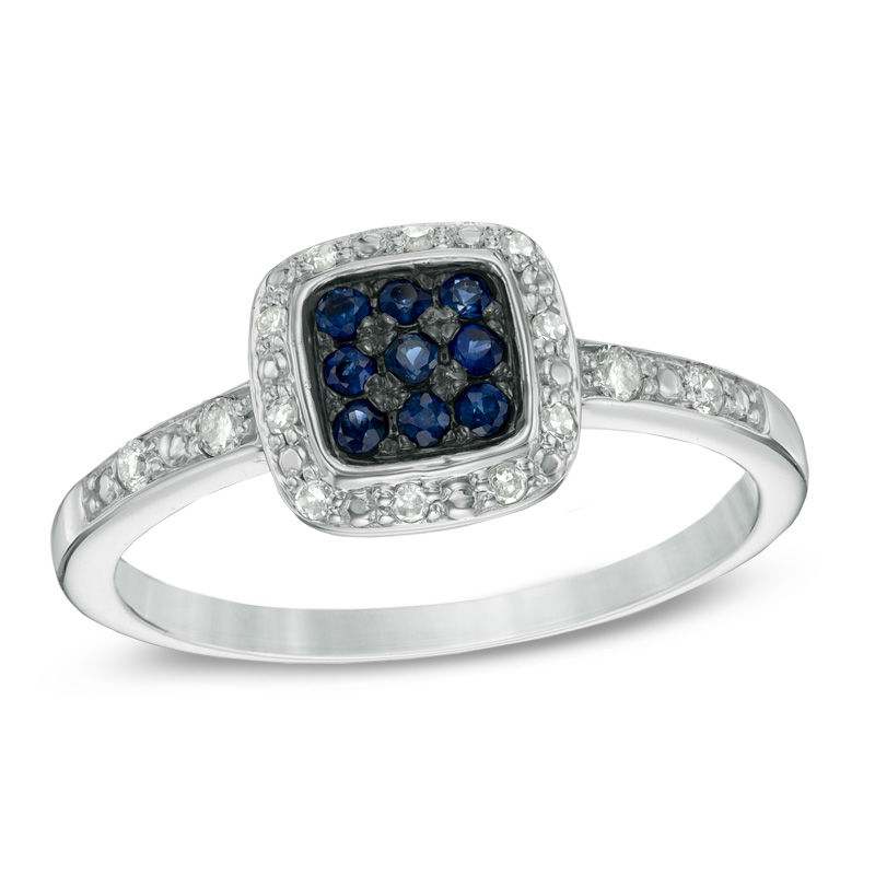 Main Image 1 of Blue Sapphire and 1/10 CT. T.W. Diamond Square Composite Ring in 10K White Gold