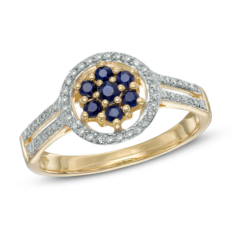 Main Image 1 of Blue Sapphire and 1/6 CT. T.W. Diamond Flower Ring in 10K Gold