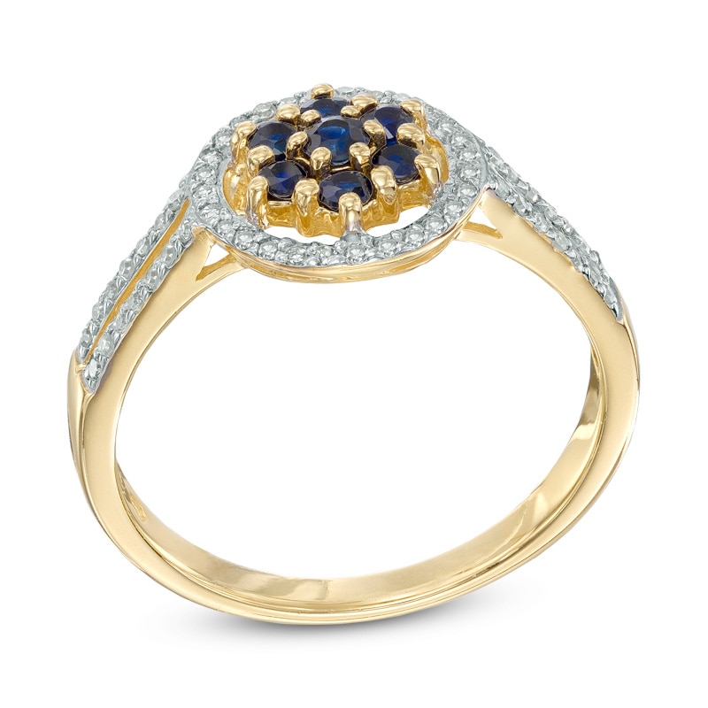 Main Image 2 of Blue Sapphire and 1/6 CT. T.W. Diamond Flower Ring in 10K Gold
