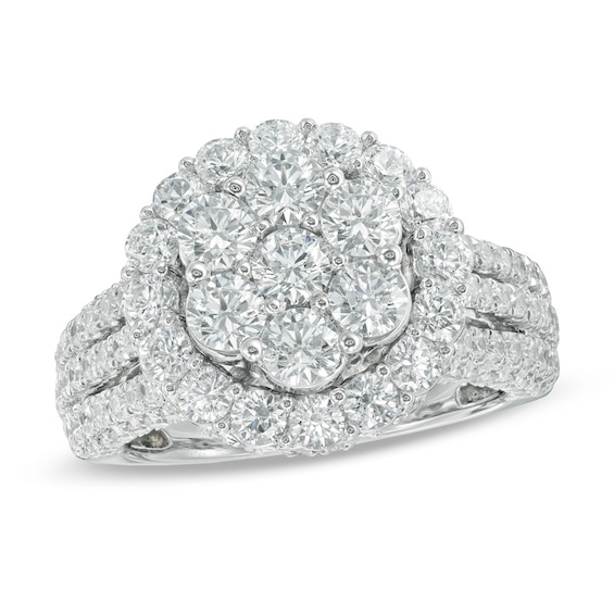 3 CT. T.w. Diamond Cluster Frame Three Row Engagement Ring in 14K White Gold