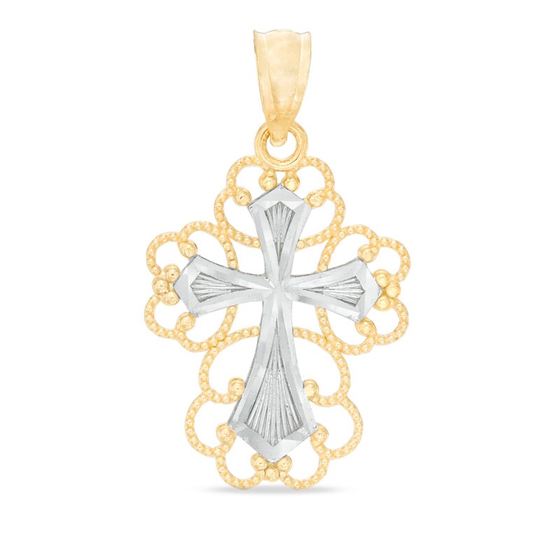 Main Image 1 of Filigree Cross Necklace Charm in 14K Two-Tone Gold