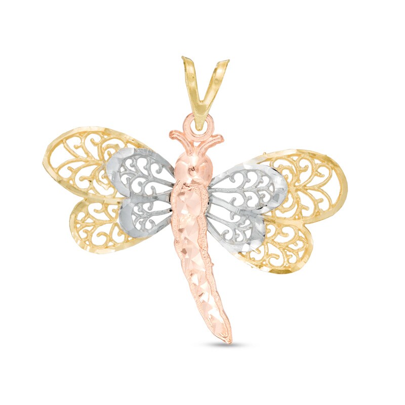 Main Image 1 of Diamond-Cut Filigree Dragonfly Necklace Charm in 14K Gold