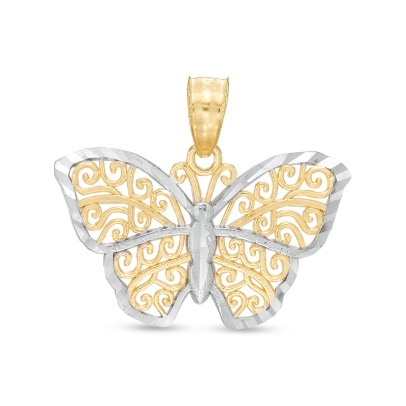 Diamond-Cut Filigree Butterfly Dangle Necklace Charm in 14K Gold