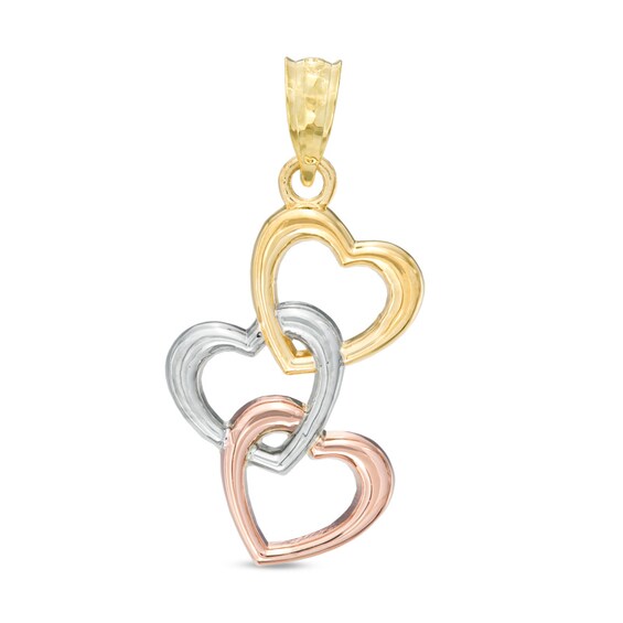 Polished Triple Heart Necklace Charm in 14K Gold with White and Rose Rhodium
