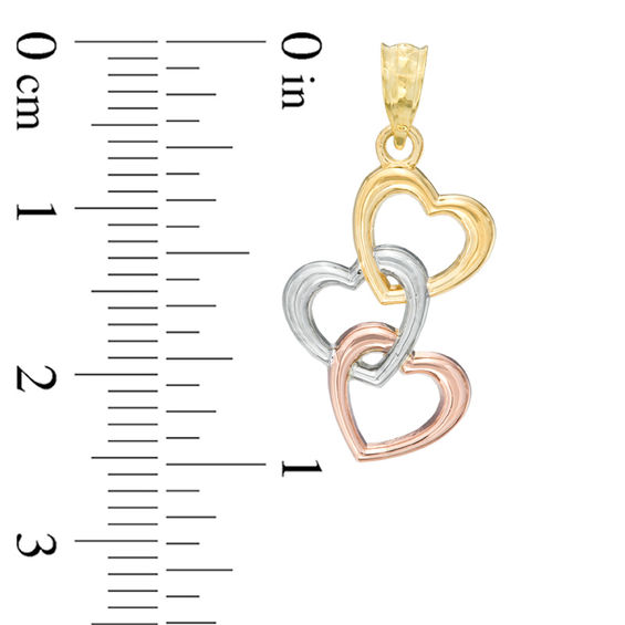 Polished Triple Heart Necklace Charm in 14K Gold with White and Rose Rhodium