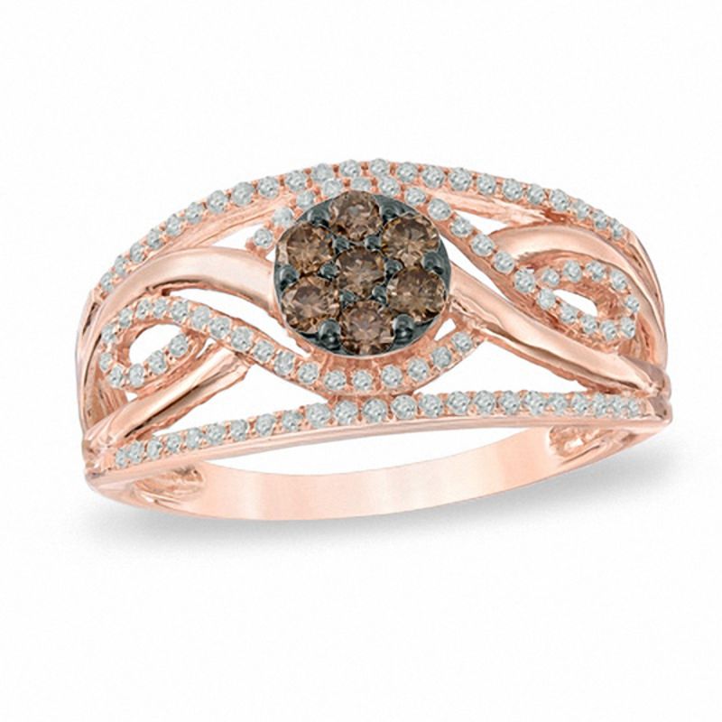 Main Image 1 of 1/2 CT. T.W. Champagne and White Diamond Cluster Infinity Ring in 10K Rose Gold
