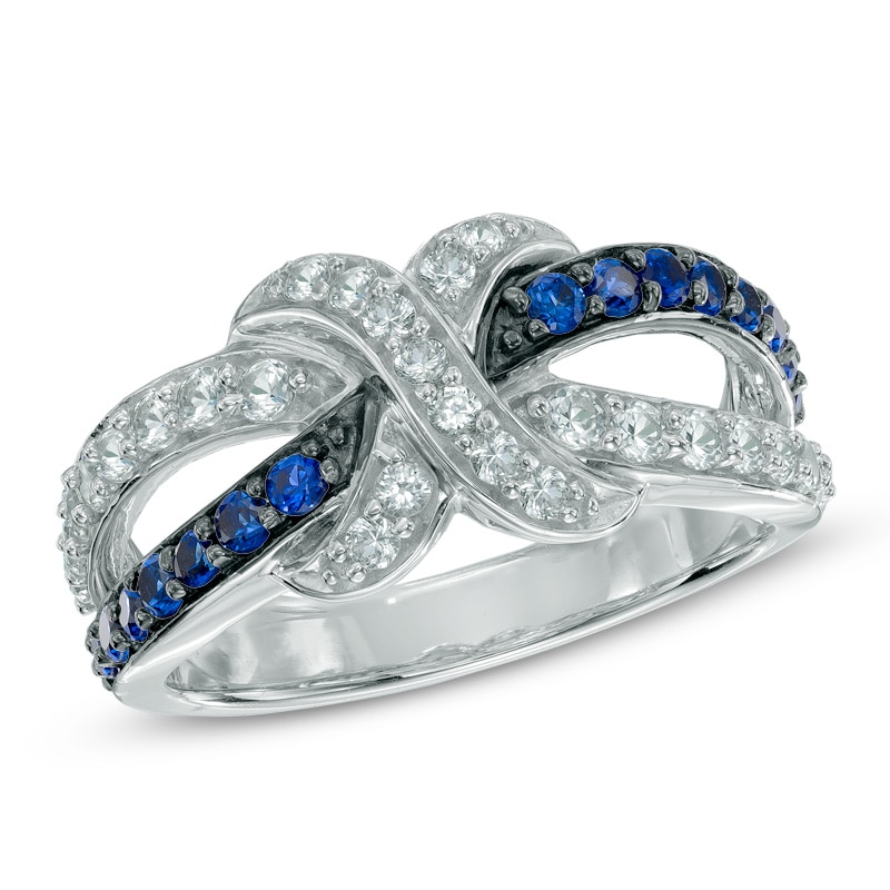 Lab-Created Blue and White Sapphire "X" Ring in Sterling Silver