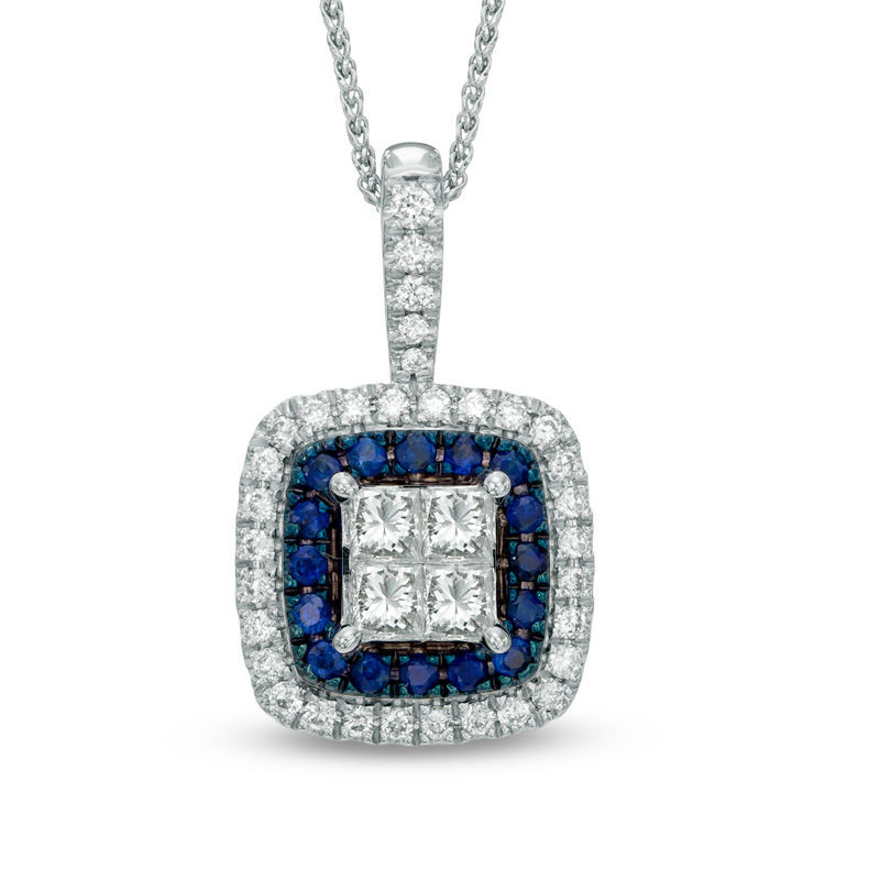 Main Image 1 of Vera Wang Love Collection 3/8 CT. T.W. Princess-Cut Quad Diamond and Blue Sapphire Pendant in 14K White Gold