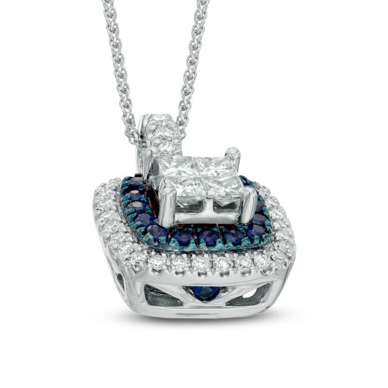 Main Image 3 of Vera Wang Love Collection 3/8 CT. T.W. Princess-Cut Quad Diamond and Blue Sapphire Pendant in 14K White Gold
