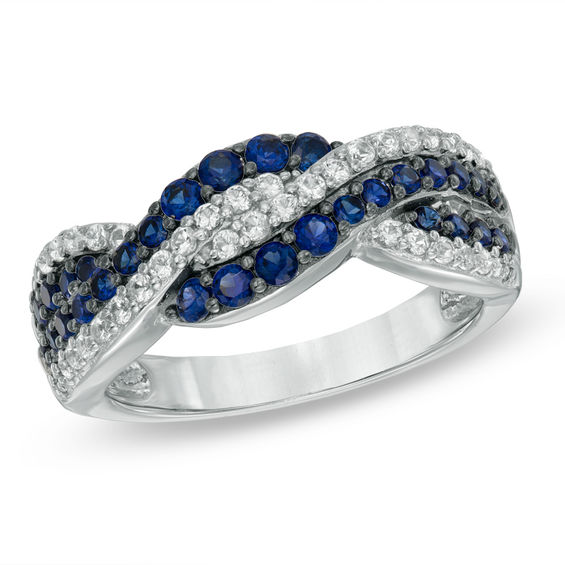Lab-Created Blue and White Sapphire Twist Ring in Sterling Silver ...