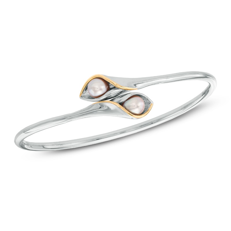 Main Image 1 of 6.0-7.0mm Oval Freshwater Cultured Pearl Calla Lily Bangle in Sterling Silver and 14K Gold Plate