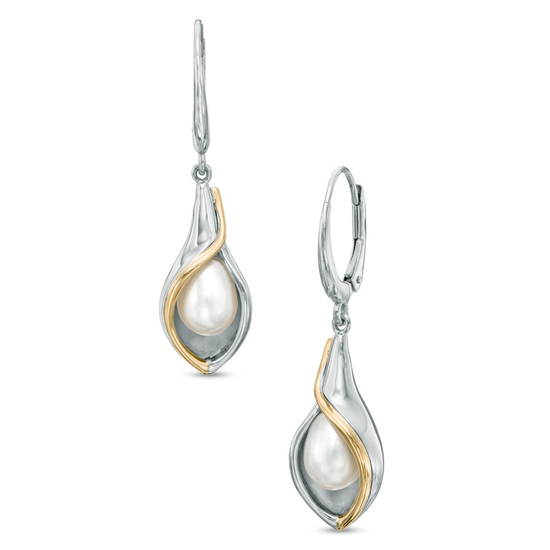 9.0 x 7.0mm Cultured Freshwater Pearl Calla Lily Drop Earrings in Sterling Silver and 14K Gold Plate