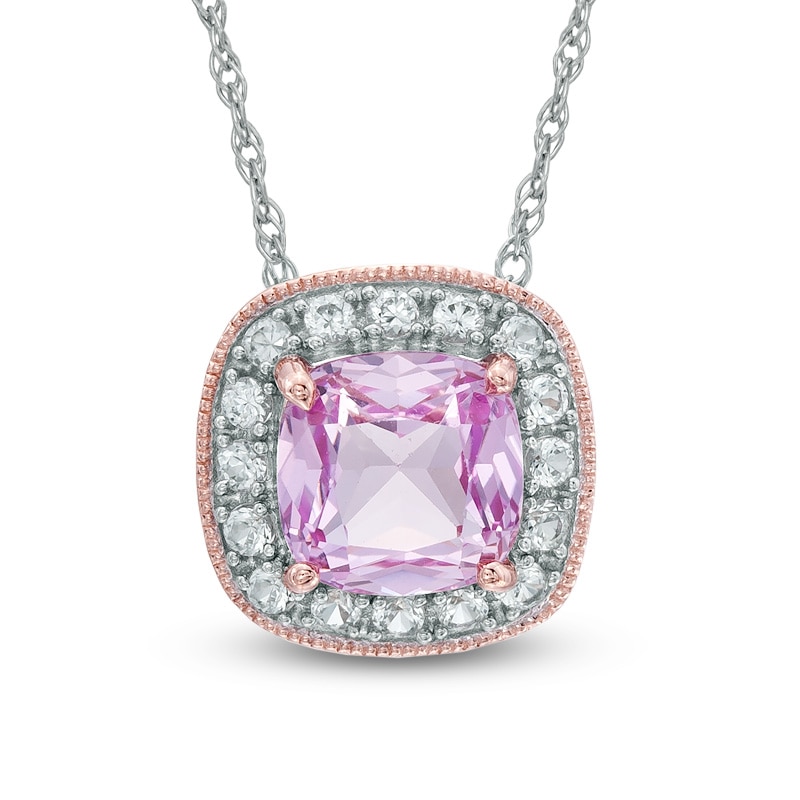 7.0mm Cushion-Cut Lab-Created Pink and White Sapphire Frame Pendant in Sterling Silver with 14K Rose Gold Plate