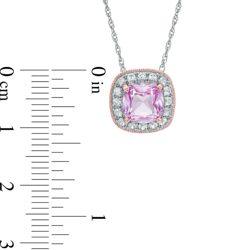 Main Image 2 of 7.0mm Cushion-Cut Lab-Created Pink and White Sapphire Frame Pendant in Sterling Silver with 14K Rose Gold Plate