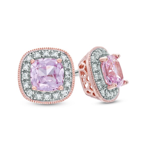 6.0mm Cushion-Cut Lab-Created Pink and White Sapphire Stud Earrings in Sterling Silver with 14K Rose Gold Plate