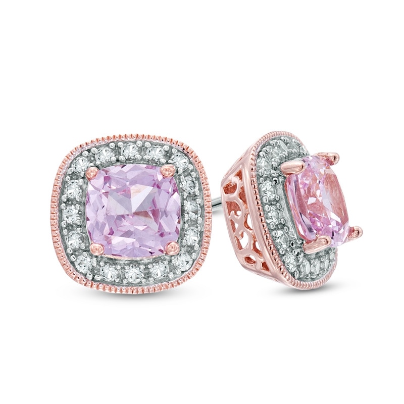 Main Image 1 of 6.0mm Cushion-Cut Lab-Created Pink and White Sapphire Stud Earrings in Sterling Silver with 14K Rose Gold Plate