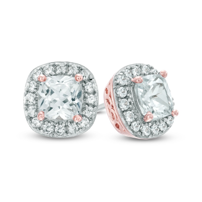 Main Image 1 of 5.0mm Cushion-Cut Lab-Created White Sapphire Frame Stud Earrings in Sterling Silver with 14K Rose Gold Plate