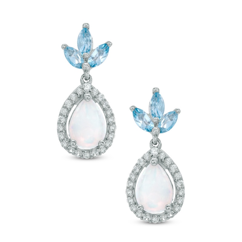 Main Image 1 of Pear-Shaped Lab-Created Opal, Blue Topaz and White Sapphire Drop Earrings in Sterling Silver