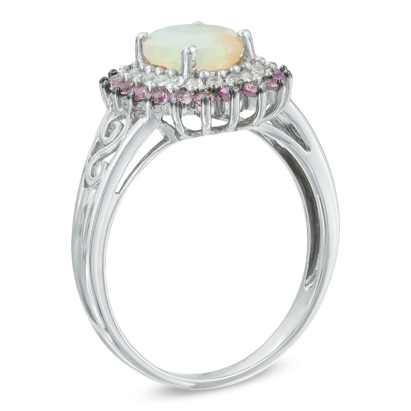 Main Image 2 of Oval Opal and Lab-Created Pink and White Sapphire Ring in Sterling Silver