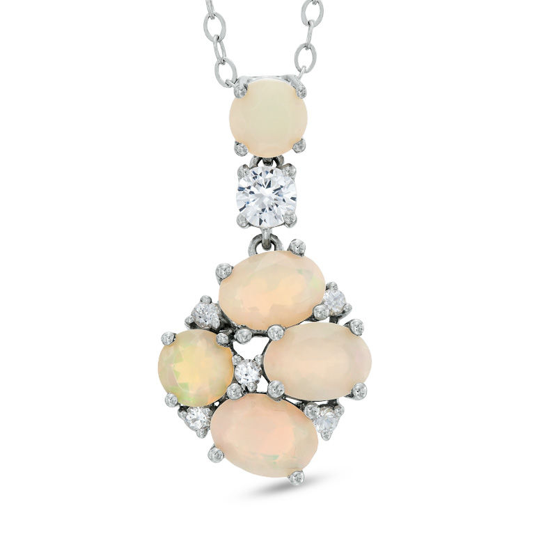 Main Image 1 of Oval Opal and White Sapphire Pendant in Sterling Silver