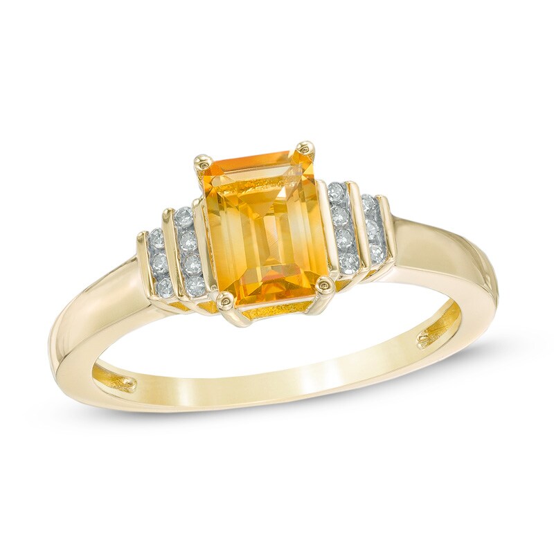 Main Image 1 of Emerald-Cut Citrine and Diamond Accent Step Ring in 10K Gold