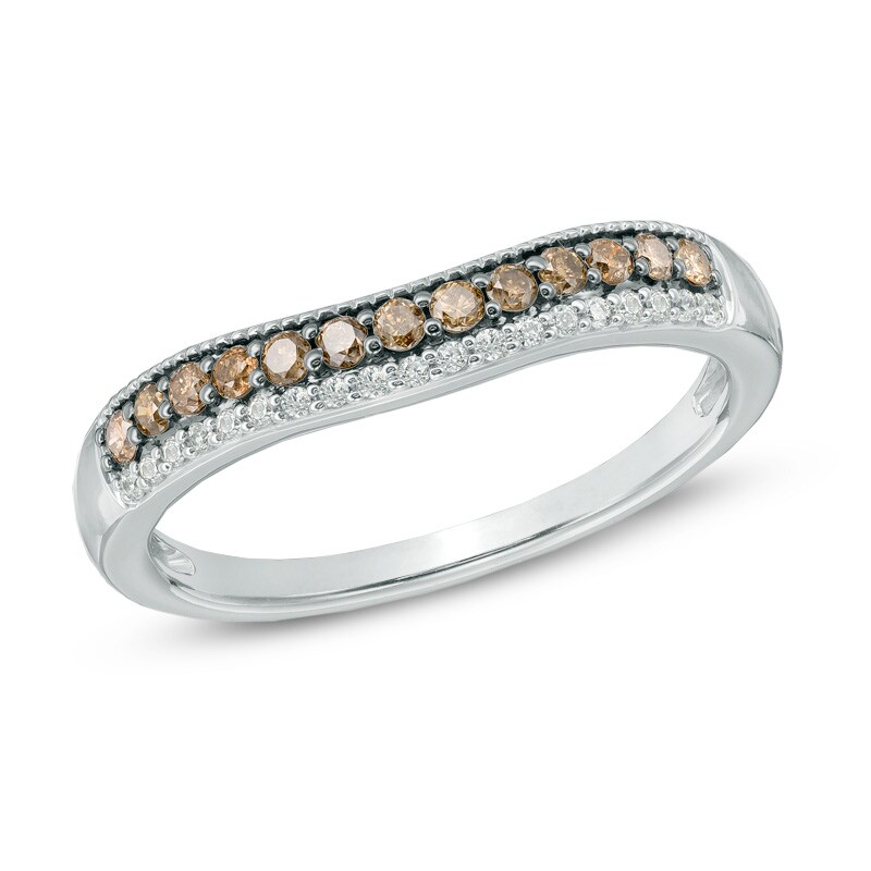 Main Image 1 of 1/4 CT. T.W. Champagne and White Diamond Contour Wedding Band in 14K White Gold