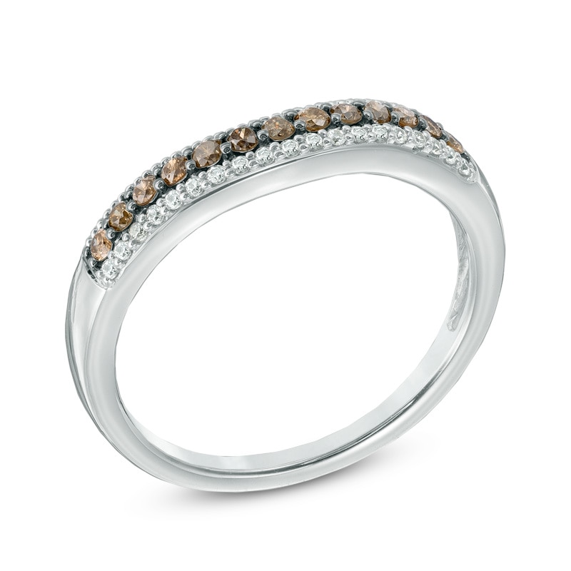 1/4 CT. T.W. Champagne and White Diamond Contour Wedding Band in 14K White Gold