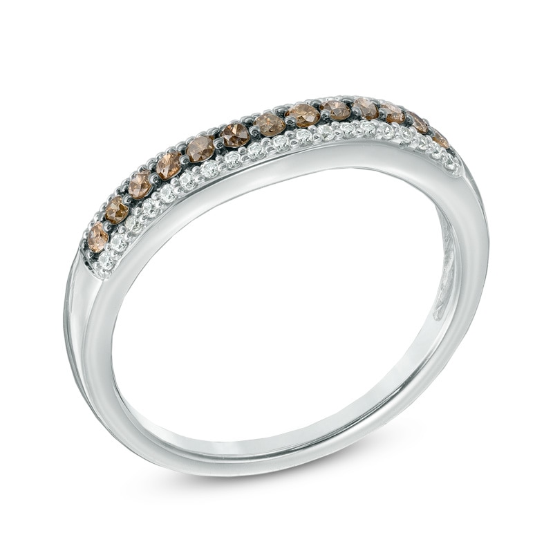 Main Image 2 of 1/4 CT. T.W. Champagne and White Diamond Contour Wedding Band in 14K White Gold