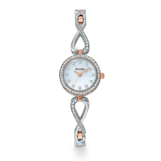 Ladies' Bulova Crystal Watch with Mother-of-Pearl Dial and Sideways ...