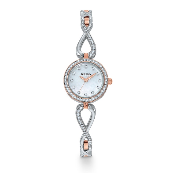 Ladies' Bulova Crystal Watch with Mother-of-Pearl Dial and Sideways Infinity Pendant Set (Model: 98X108) Ladies' Bulova Crystal Watch with Mother-of-Pearl Dial and Sideways Infinity Pendant Set (Model: 98X108)