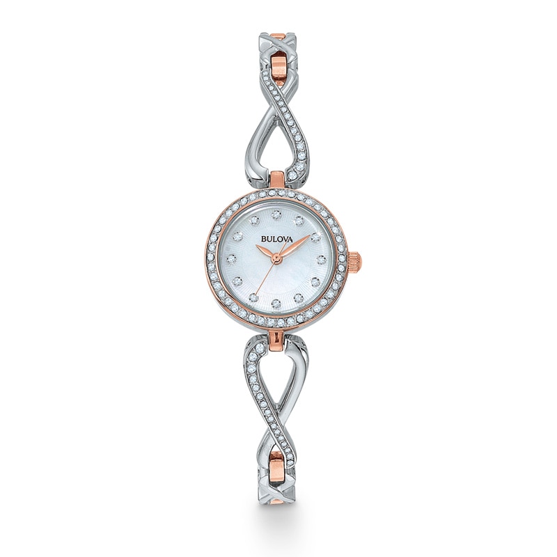 Main Image 1 of Ladies' Bulova Crystal Watch with Mother-of-Pearl Dial and Sideways Infinity Pendant Set (Model: 98X108)