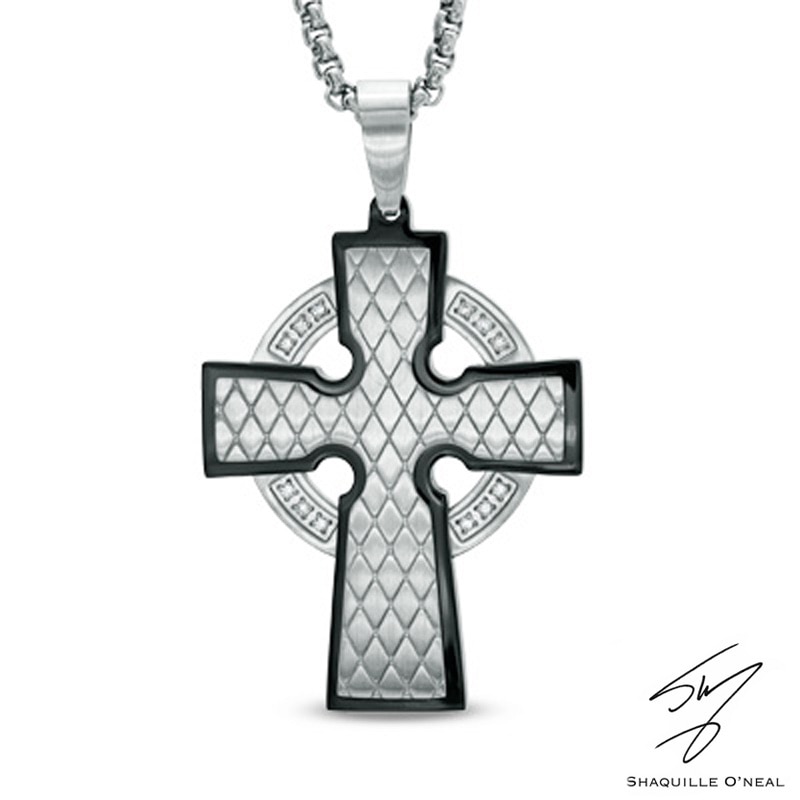 Main Image 1 of Men's 1/6 CT. T.W. Diamond Cross Pendant in Two-Tone Stainless Steel - 24"