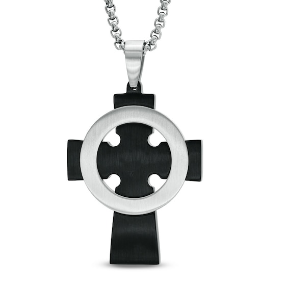 Men's 1/6 CT. T.w. Diamond Cross Pendant in Two-Tone Stainless Steel - 24"