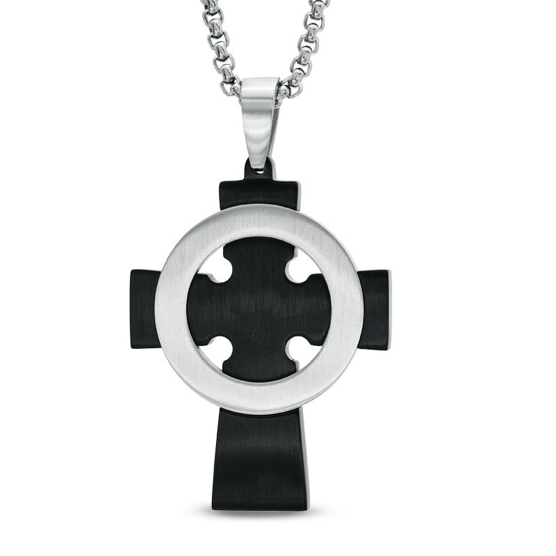 Main Image 2 of Men's 1/6 CT. T.W. Diamond Cross Pendant in Two-Tone Stainless Steel - 24"