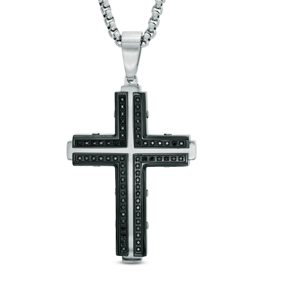 Men's 1/3 CT. T.w. Black Diamond Cross Pendant in Two-Tone Stainless Steel - 24"