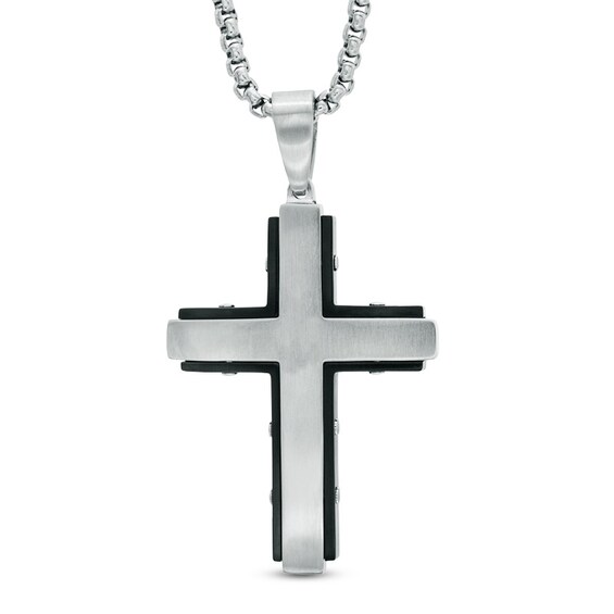 Men's 1/3 CT. T.w. Black Diamond Cross Pendant in Two-Tone Stainless Steel - 24"