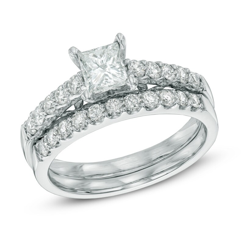 Main Image 1 of 1-1/4 CT. T.W. Certified Canadian Princess-Cut Diamond Bridal Set in 14K White Gold (I/I2)