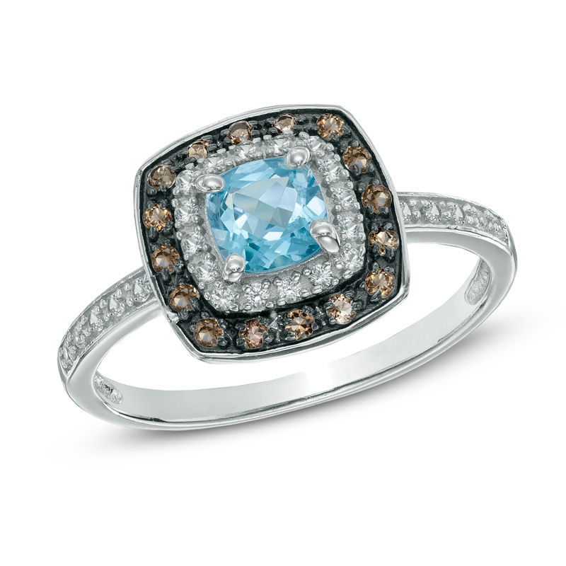 Main Image 1 of 5.0mm Cushion-Cut Swiss Blue Topaz, Smoky Quartz and Lab-Created White Sapphire Frame Ring in Sterling Silver