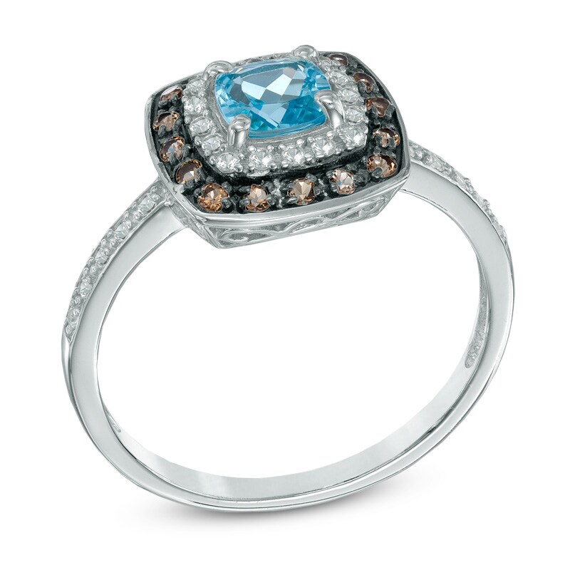 Main Image 2 of 5.0mm Cushion-Cut Swiss Blue Topaz, Smoky Quartz and Lab-Created White Sapphire Frame Ring in Sterling Silver
