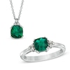 Thumbnail Image 0 of 6.0mm Cushion-Cut Lab-Created Emerald and Diamond Accent Pendant and Ring Set in Sterling Silver - Size 7