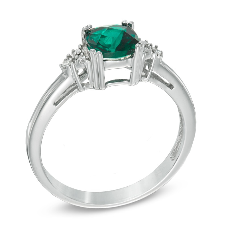 6.0mm Cushion-Cut Lab-Created Emerald and Diamond Accent Pendant and Ring Set in Sterling Silver - Size 7