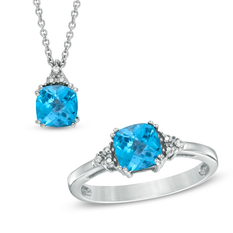 Main Image 1 of 6.0mm Cushion-Cut Swiss Blue Topaz and Diamond Accent Pendant and Ring Set in Sterling Silver - Size 7