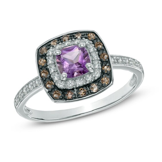 5.0mm Cushion-Cut Amethyst, Smoky Quartz and Lab-Created White Sapphire Frame Ring in Sterling Silver