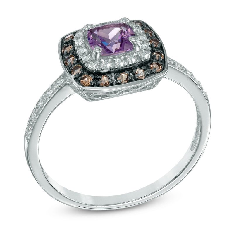 5.0mm Cushion-Cut Amethyst, Smoky Quartz and Lab-Created White Sapphire Frame Ring in Sterling Silver